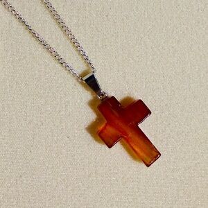 New Rustic Carnelian Cross Pendant On 925 Silver Chain Necklace